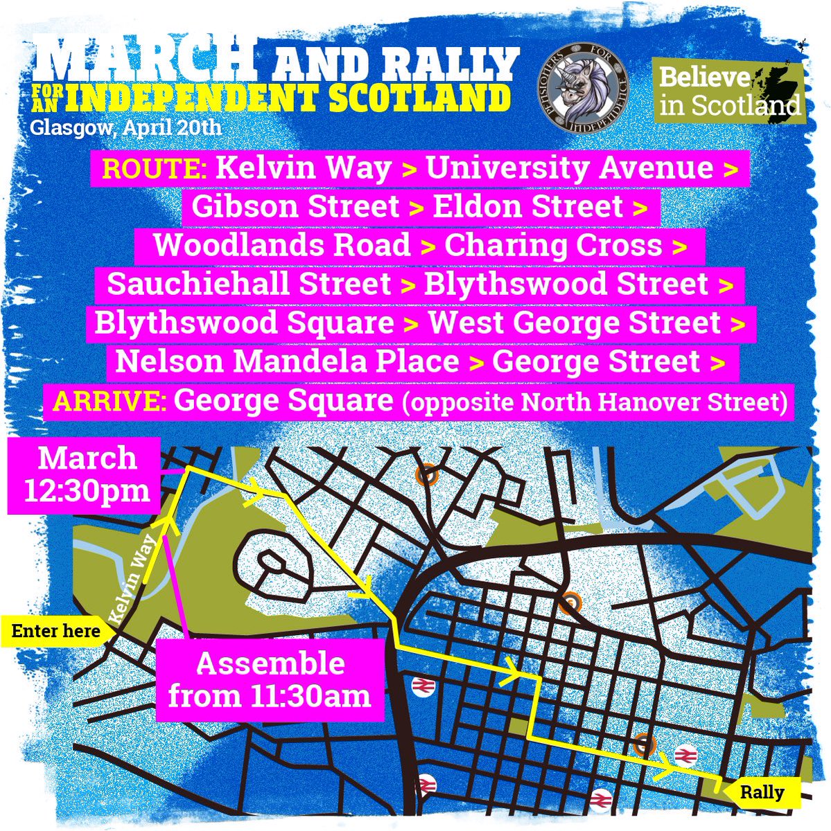 ☀️ The sun is shining and this is shaping up to be a great day! 🏴󠁧󠁢󠁳󠁣󠁴󠁿 Here is also a reminder of the route! #BelieveinScotland #Glasgow #MarchforIndependence