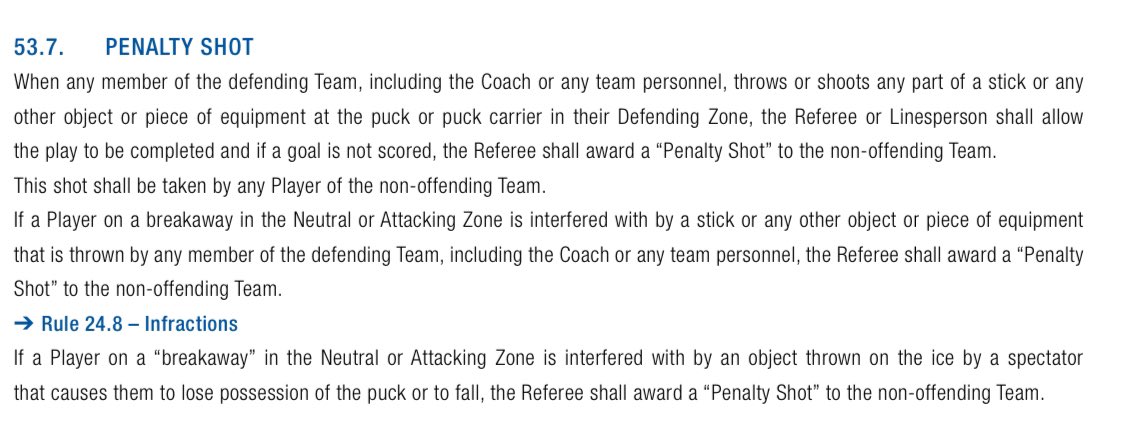 Spišská mala mať včera podľa pravidiel v závere trestné strieľanie, keďže brániaci hráč hodil hokejku po puku. 

Pravidlo, ktoré nie je zrejme až tak známe. No prekvapuje ma, že toto si rozhodcovia nevšimli, keďže aj zo screenshotu je vidno, že na to videli.