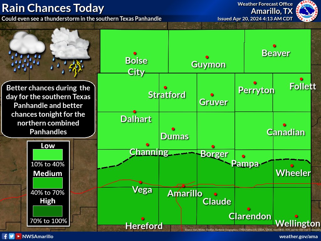 Rain chances are best across the southern Texas Panhandle during the day and the northern Panhandles by tonight. Can't even rule out a thunderstorm for the Texas Panhandle. Not too much rainfall unfortunately, but at least its something #phwx #TXwx #OKwx