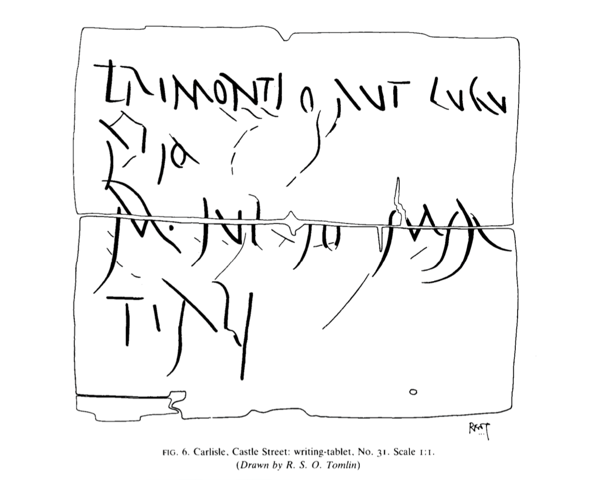 TrimontiumTrust's tweet photo. This illustration of a Roman writing tablet from makes a rare mention of #Trimontium and gives us some insight into the Roman postal system.  The drawing is from the tablet which is like an address label and says 'Try Trimontium or Carlisle for Julius Martialis'. https://t.co/ihnarm78is