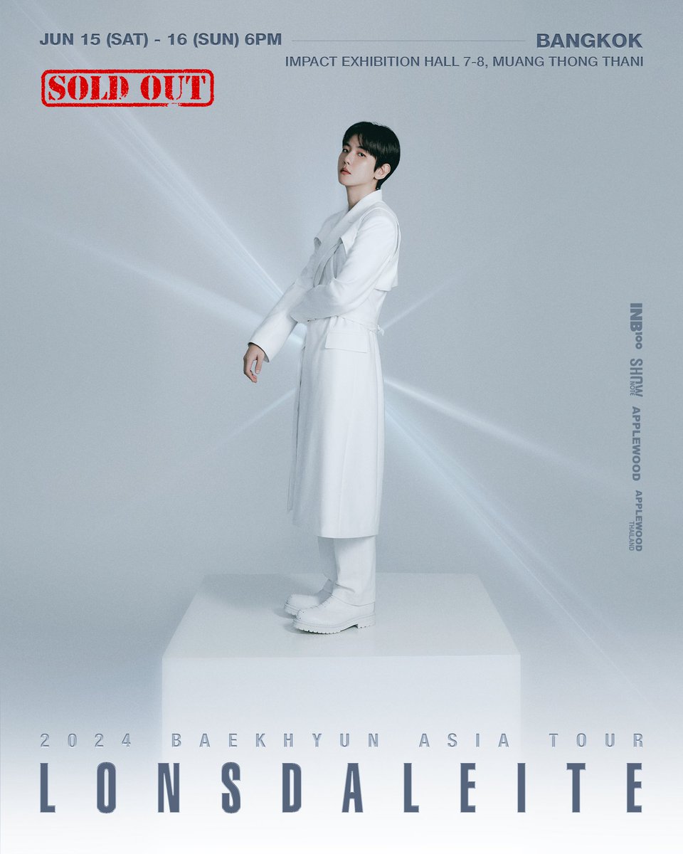 applewood_kr's tweet photo. 🎉 2024 BAEKHYUN ASIA TOUR [Lonsdaleite] IN BANGKOK has officially SOLD OUT!

ขอขอบคุณ EXO-L ชาวไทยทุกท่าน♡ ขณะนี้บัตรทั้งสองรอบการแสดงถูกจำหน่ายหมดแล้วทุกที่นั่ง! 
เตรียมแอลลี่บงของคุณ���ห้พร้อม แล้วมาพบกันวันที่ 15-16 มิถุนายนนี้🤍

2024 BAEKHYUN ASIA TOUR [Lonsdaleite] IN BANGKOK
📅 15 JUN 2024 (SAT), 6PM (ICT)
📅 16 JUN 2024 (SUN), 6PM (ICT)
📍 IMPACT EXHIBITION HALL 7-8, MUANG THONG THANI
-------------------------
🎉 2024 BAEKHYUN ASIA TOUR [Lonsdaleite] IN BANGKOK has officially SOLD OUT!

Thank you Thai EXO-L♡ All seats have been sold out in both performance rounds now!
Prepare your EXO-L FANLIGHT, see you on 15&16 this June! ♡

2024 BAEKHYUN ASIA TOUR [Lonsdaleite] IN BANGKOK
📅 15 JUN 2024 (SAT), 6PM (ICT)
📅 16 JUN 2024 (SUN), 6PM (ICT)
📍 IMPACT EXHIBITION HALL 7-8, MUANG THONG THANI

#백현 #BAEKHYUN 
#2024BAEKHYUNASIATOUR #Lonsdaleite
#APPLEWOOD #APPLEWOODTH
