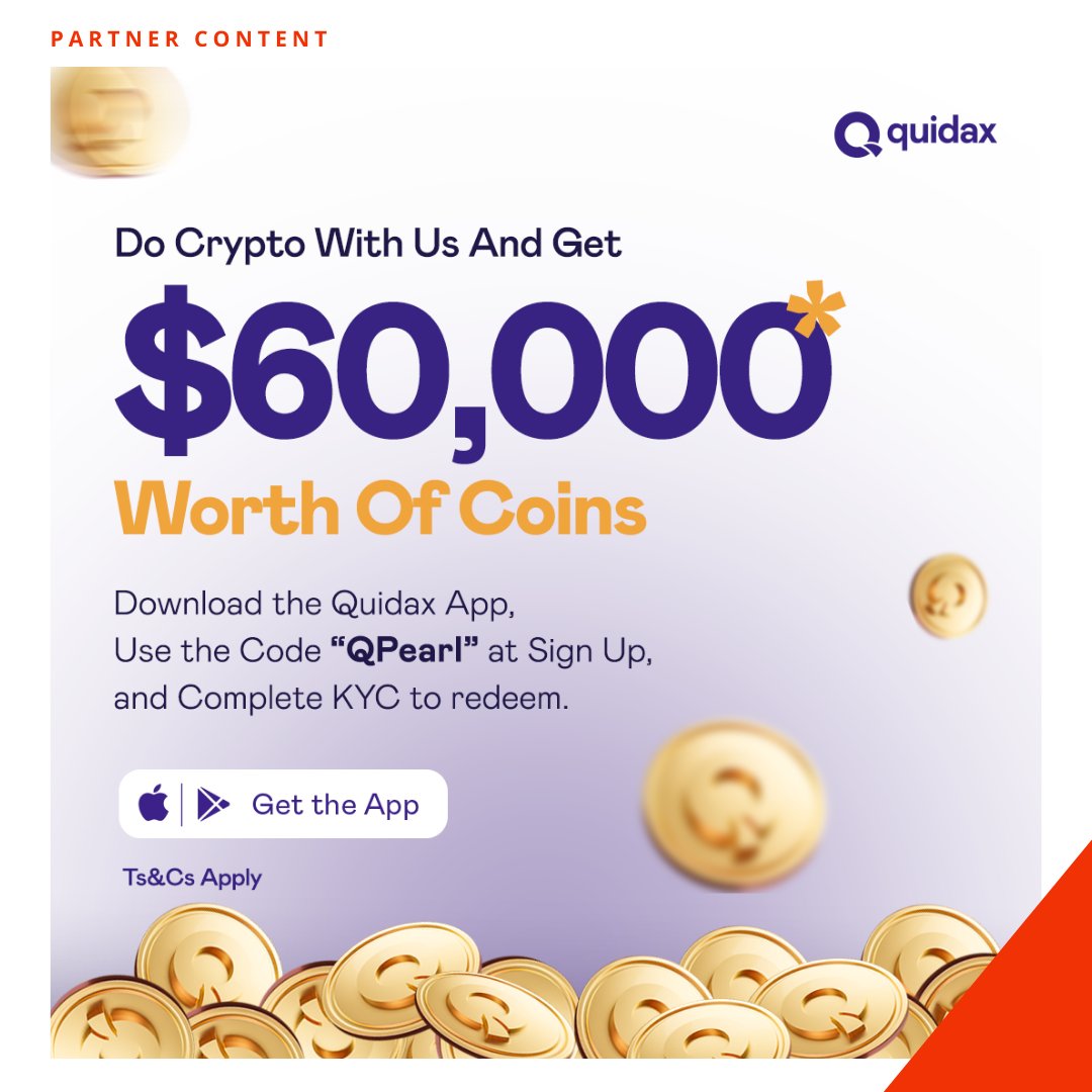 TechCabal's tweet photo. Do Crypto With @QuidaxGlobal and get free trading coins when you sign up with the code “QPEARL”.
Follow these steps to win from the pool of $60,000 worth of trading coins:
1. Download the Quidax app
2. Use the code QPEARL at signup
3. Complete your KYC
#DoCryptoWithQuidax https://t.co/f1ILArJC6Z