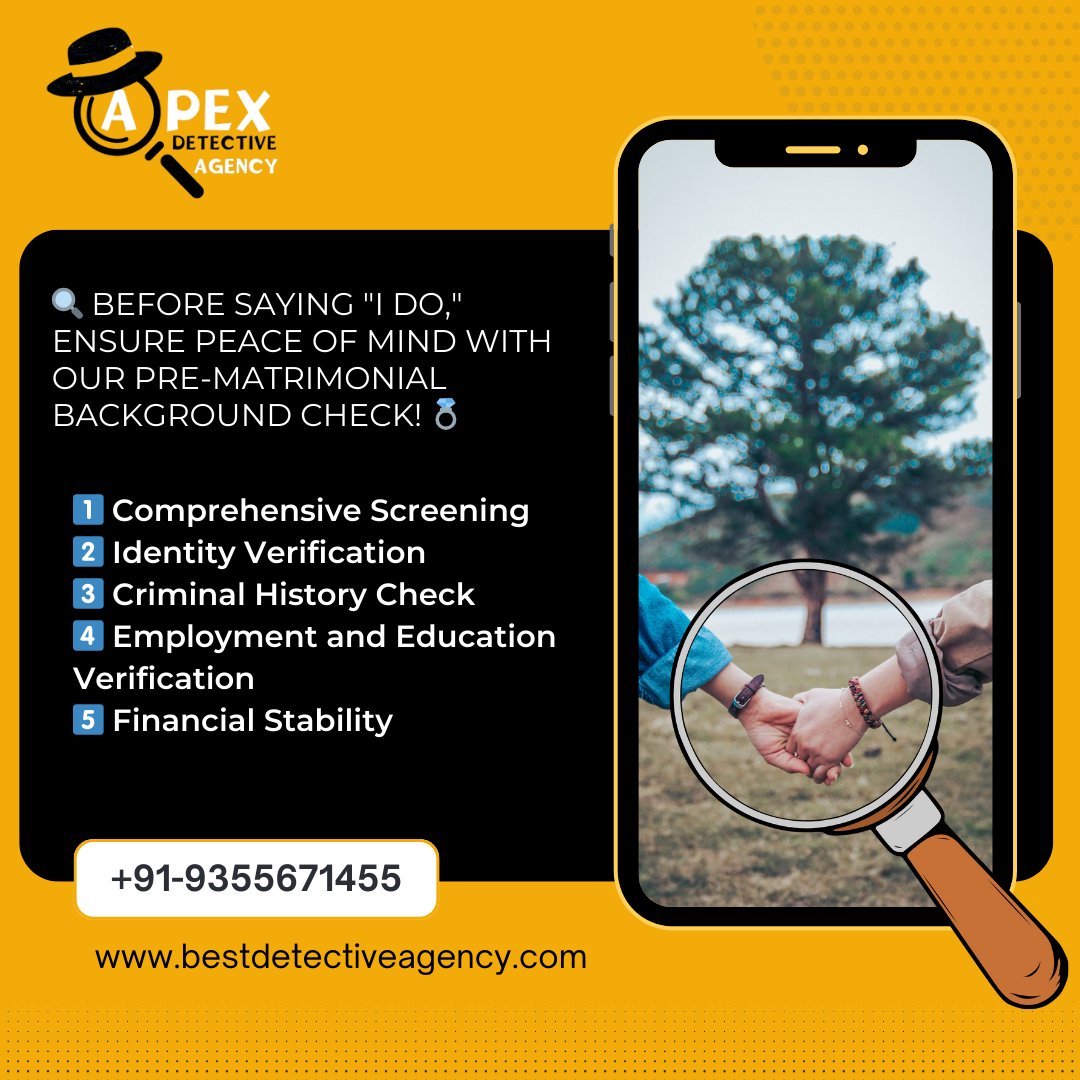 DetectiveApex's tweet photo. "Ensuring your happily ever after begins with trust. Apex Detective Agency is India's top choice for pre-matrimonial investigation services. Let us uncover the truth and provide you with peace of mind. #PreMatrimonialInvestigation #ApexDetectiveAgency #Trust #India" https://t.co/5Wu62R1sFS