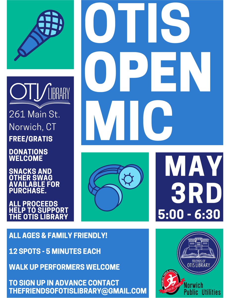 Looking to showcase your talent? Join the fun at the Otis Open Mic on May 3rd at the Otis Library in Norwich. For more information, visit the Friends Of Otis Library facebook.com/profile.php?id…