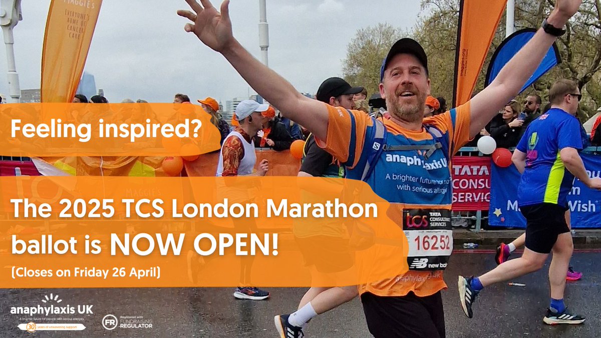 Excited for the TCS London Marathon tomorrow and fancy joining #TeamAnaphylaxis next year? The 2025 TCS London Marathon ballot opens TODAY! Be quick to enter – ballot closes on Friday 26 April 2024 🏃 👉 More information: ow.ly/6N3P50RjJ1S #londonmarathon