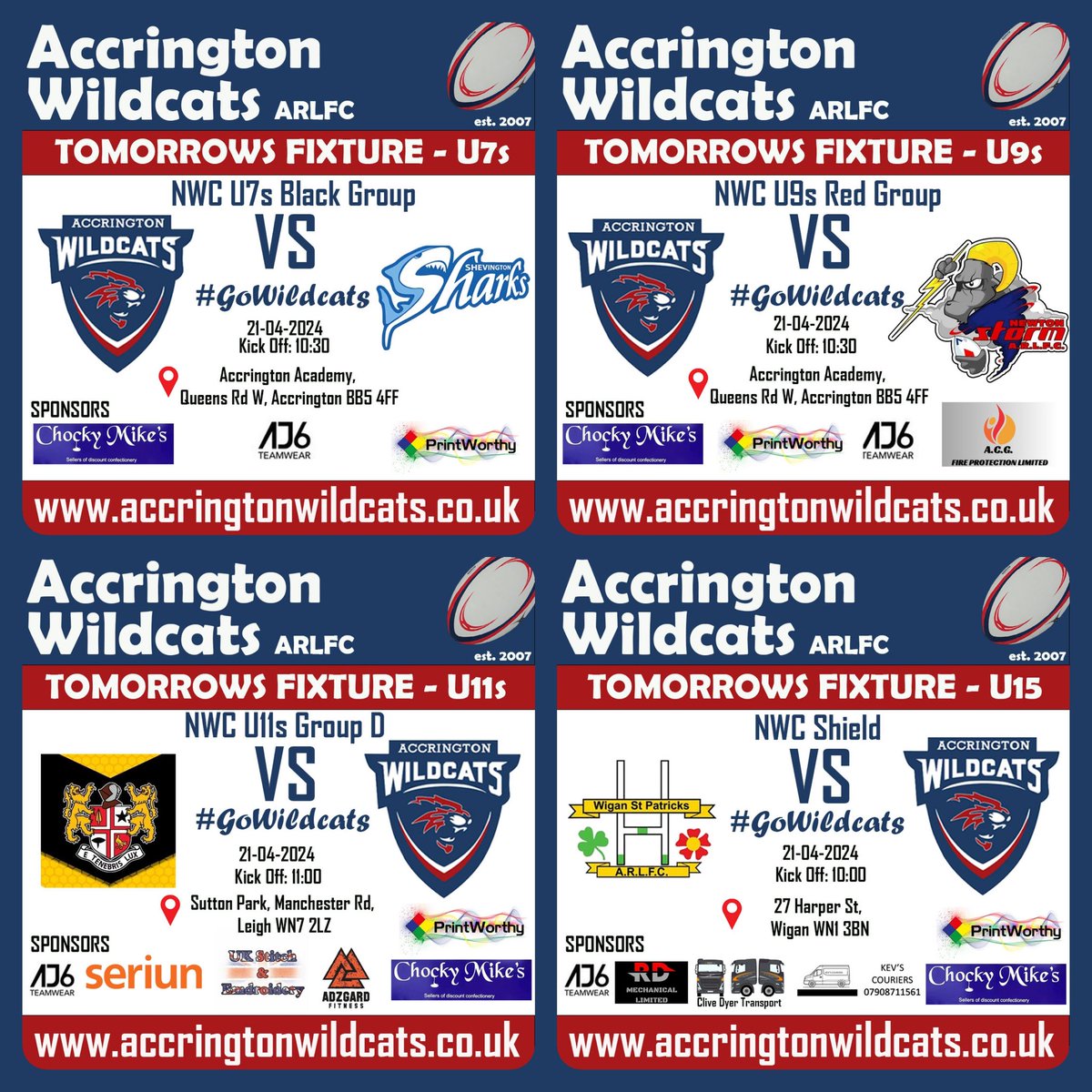 WildcatsARLFC's tweet photo. 🔴🔵 TOMORROWS FIXTURES 🔵🔴
Let's show them some virtual support! Stay tuned for updates!
#GoWildcats #Wildcats #AccringtonWildcats #WildcatWeekend #RugbyLeague #U7 #U9 #U11 #U15 #ShevingtonSharks #NewtonStorm #LeighMinersRangers #WiganStPats #NWC https://t.co/Z1UpTPWF56
