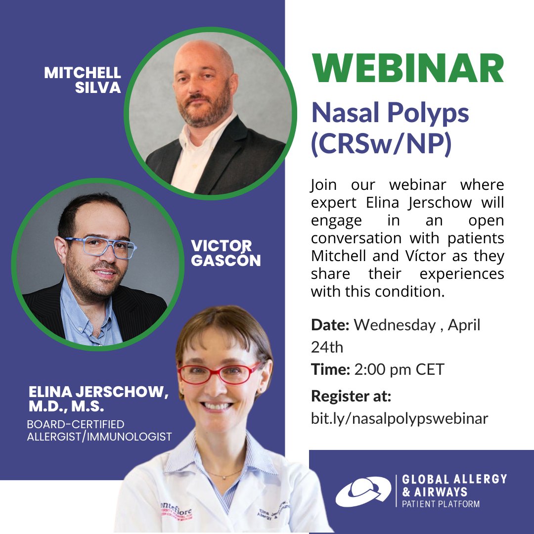 Gear up for our nasal polyps webinar on 24 April with Dr. Elina Jerschow and patients Mitchell and Victor! 📚 Expand your knowledge on CRSw/NP treatment & management. 

Register now! 📍 ow.ly/GGiY50RkkQm
#HealthAwareness #NasalPolypsDay #PatientVoice