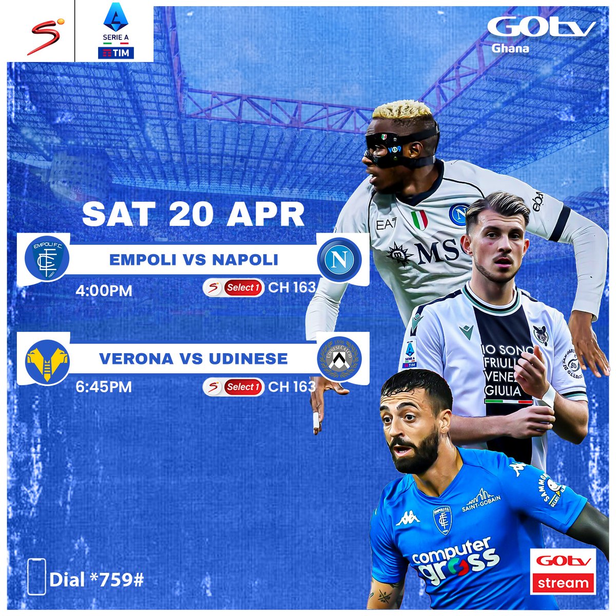 Napoli will look to resurrect their quest for a Champions League spot when they take on relegation-threatened Empoli. Verona Versus Udinese closes the curtain on today's #SerieA matches @ 6.45pm on #GOtvGhana