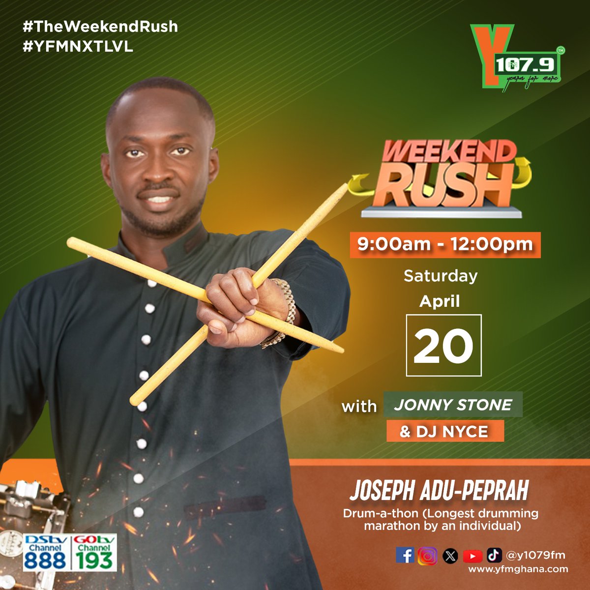 In the era of 'thons', we have @yawdrumathon coming to talk about his Drum-a-thon on #WeekendRush