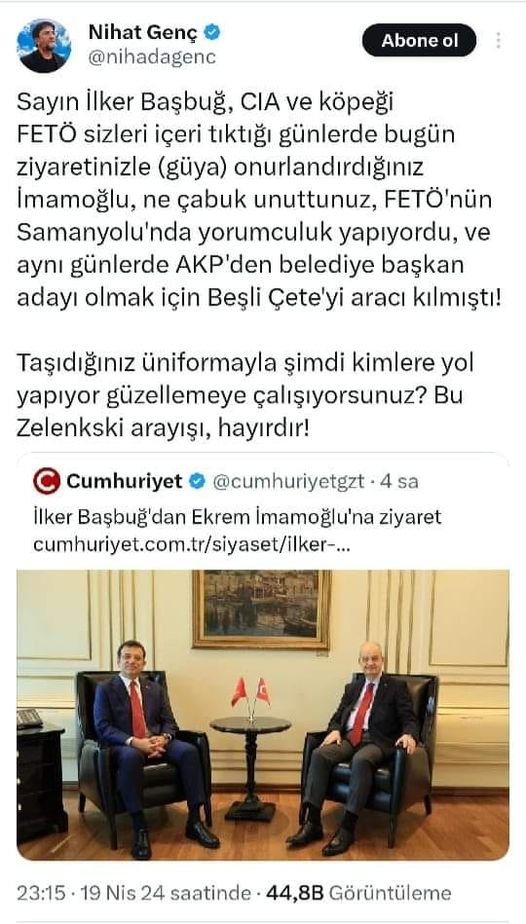 Nihat Genç'in'Zelenski arayışı'tespiti👍 Erdoğan varken Emperyalist güçler Türkiye'yi Rusya'ya karşı koç başı gibi kullanamıyor. İran'la savaştıramıyor. Suriye sınırımızda 'büyük İsrail' hedefine uygun bir terör devleti kuramıyorlar. Zelenski rolünü üslenecek bir kukla arıyorlar.