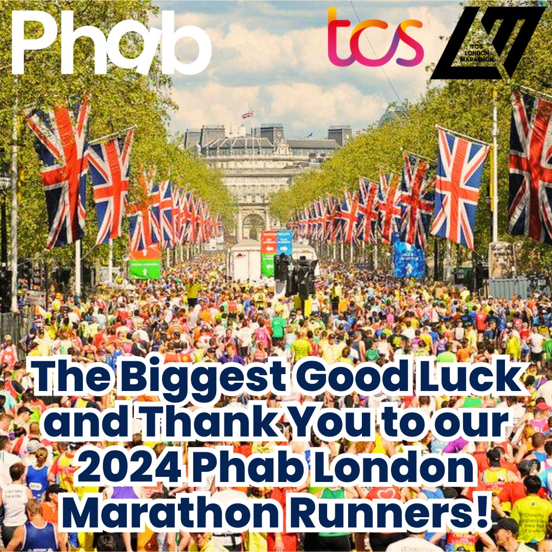 A massive #GoodLuck to all our #LondonMarathon runners tomorrow! 🙌🙌🙌 A huge thank you for running and raising money #ForPhab 🙏🥰 If you’re interested in running the London Marathon 2025, head to the link below to fill out an application form. 📲👇 phablimited.beaconforms.com/form/29c71b29