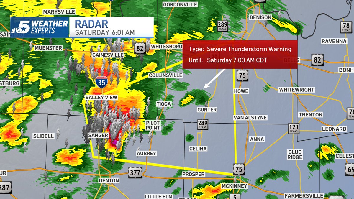 6:01 AM -- Severe thunderstorm warning has been issued for parts of Denton, Collin, Grayson &amp; Cooke counties. Hail up to quarter sized possible as this storm moves East at 30mph. #DFWwx <a href="/NBCDFW/">NBC DFW</a>