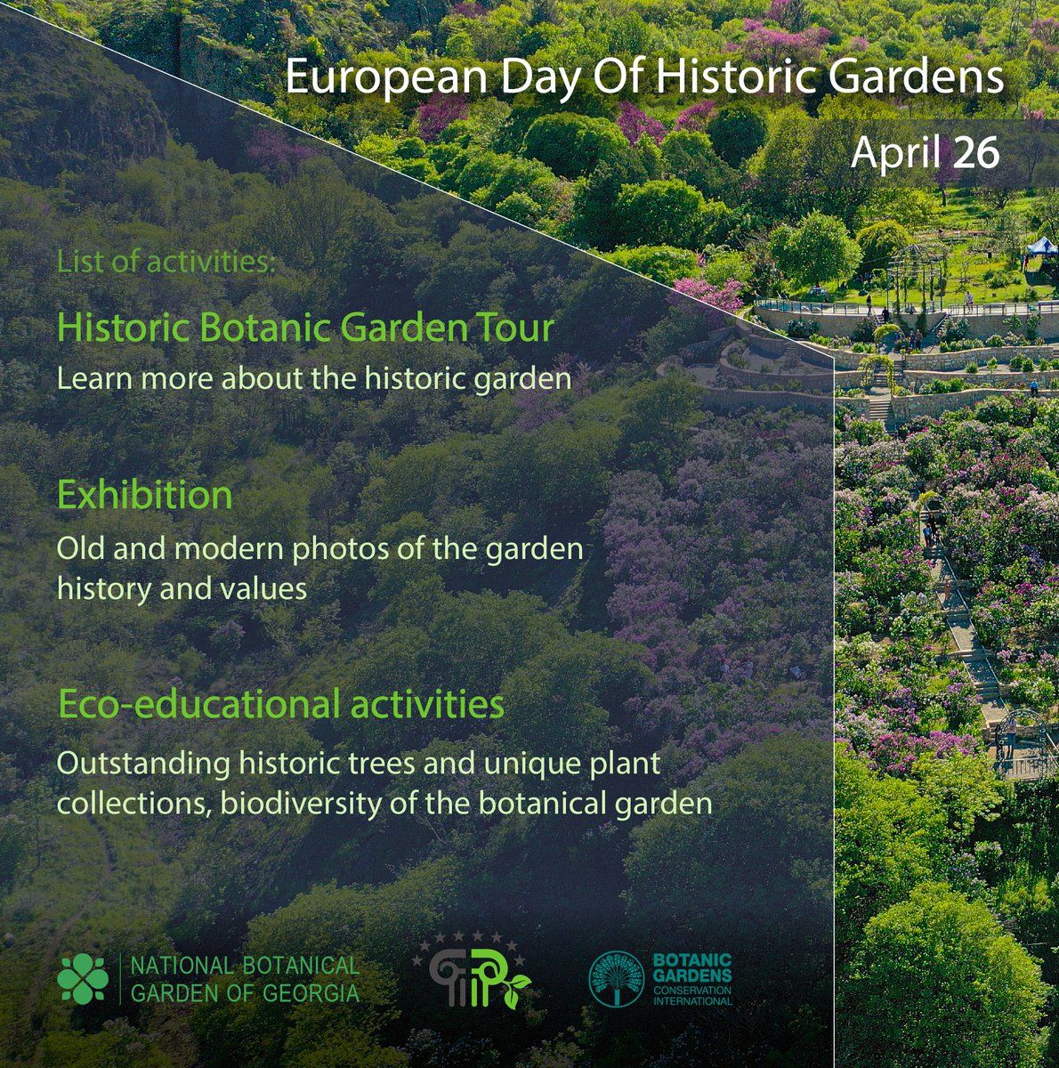 🌿 Come celebrate the V European Day of Historic Gardens with us on April 26th! We invite you to visit the amazing @NBGGEO and discover the Heritage Guided Tour on April 26, an #exhibition and eco-educational activities. Discover the activities here: europeanhistoricgardens.eu/en/v-european-…