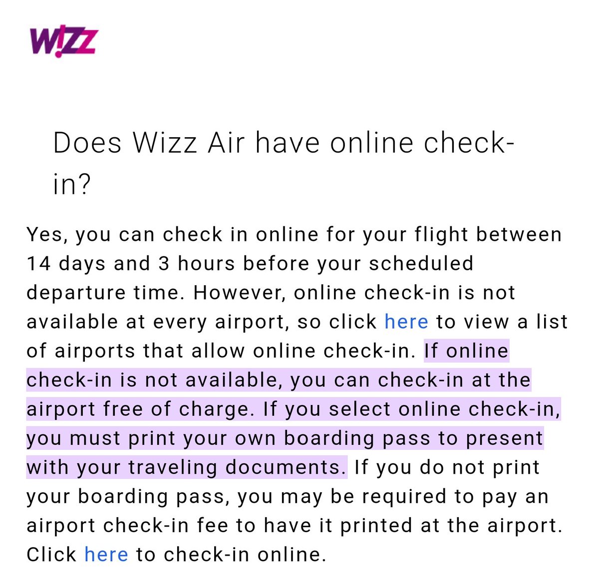 hubbell_walker's tweet photo. It states on the @wizzair website " If online check-in is not available, you can check-in at the airport free of charge". https://t.co/0o7jJTDcLV