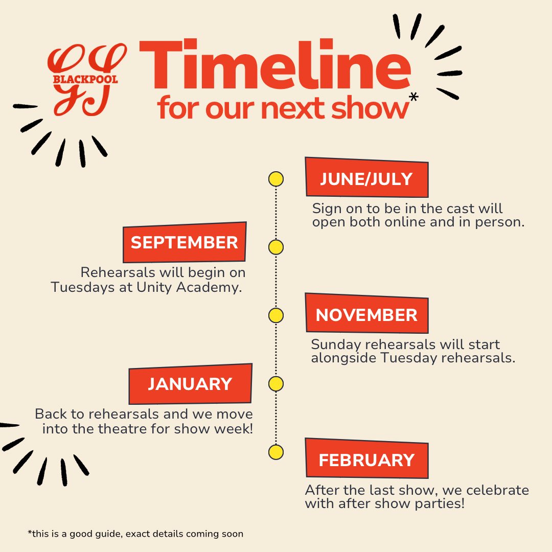A brief timeline for our next show! Remember we’re back at the @Grand_Theatre 30th Jan - 1st Feb 2025 for the show. Cast sign on will start in June. Any questions drop us a message!