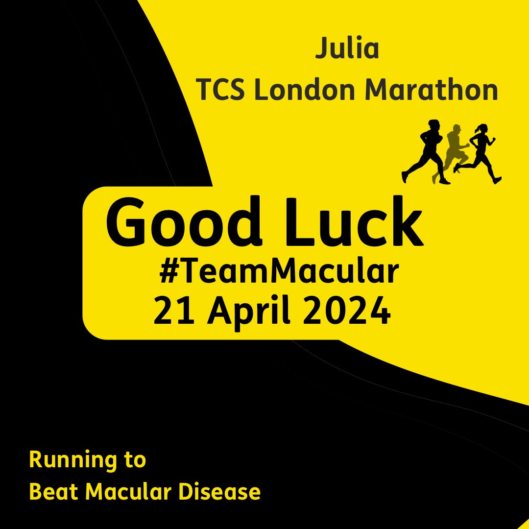 A huge good luck to #TeamMacular's Julia & all the amazing charity runners taking on @LondonMarathon this weekend!

You've got this 🙌👏

#BeatMacularDisease #MacularDisease
#MacularDegeneration
#AMD
#MacularDystrophy
#SightLoss
#VisuallyImpaired
#Charity
#Fundraising