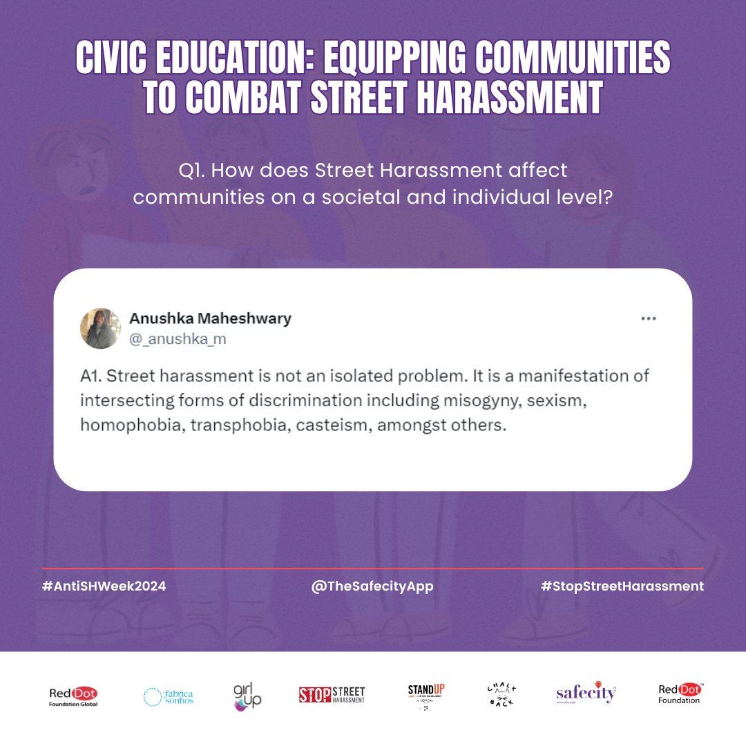 TheSafecityApp's tweet photo. Here’s a recap of our #Safecity Chat with @MyrianCastello & @_anushka_m on " Civic Education: Equipping Communities to Combat Street Harassment"
Access the full recap here
https://t.co/MIMUXD2Cyf
#AntiShWeek2024
#RedDotFoundation
#AntiSHWeek24 #StopStreetHarassment https://t.co/wHA2NtFyzV