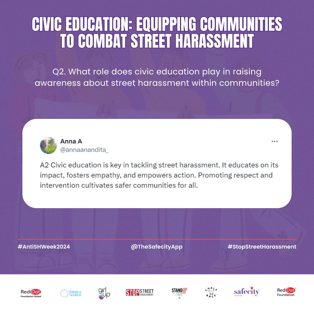 TheSafecityApp's tweet photo. Here’s a recap of our #Safecity Chat with @MyrianCastello & @_anushka_m on " Civic Education: Equipping Communities to Combat Street Harassment"
Access the full recap here
https://t.co/MIMUXD2Cyf
#AntiShWeek2024
#RedDotFoundation
#AntiSHWeek24 #StopStreetHarassment https://t.co/wHA2NtFyzV