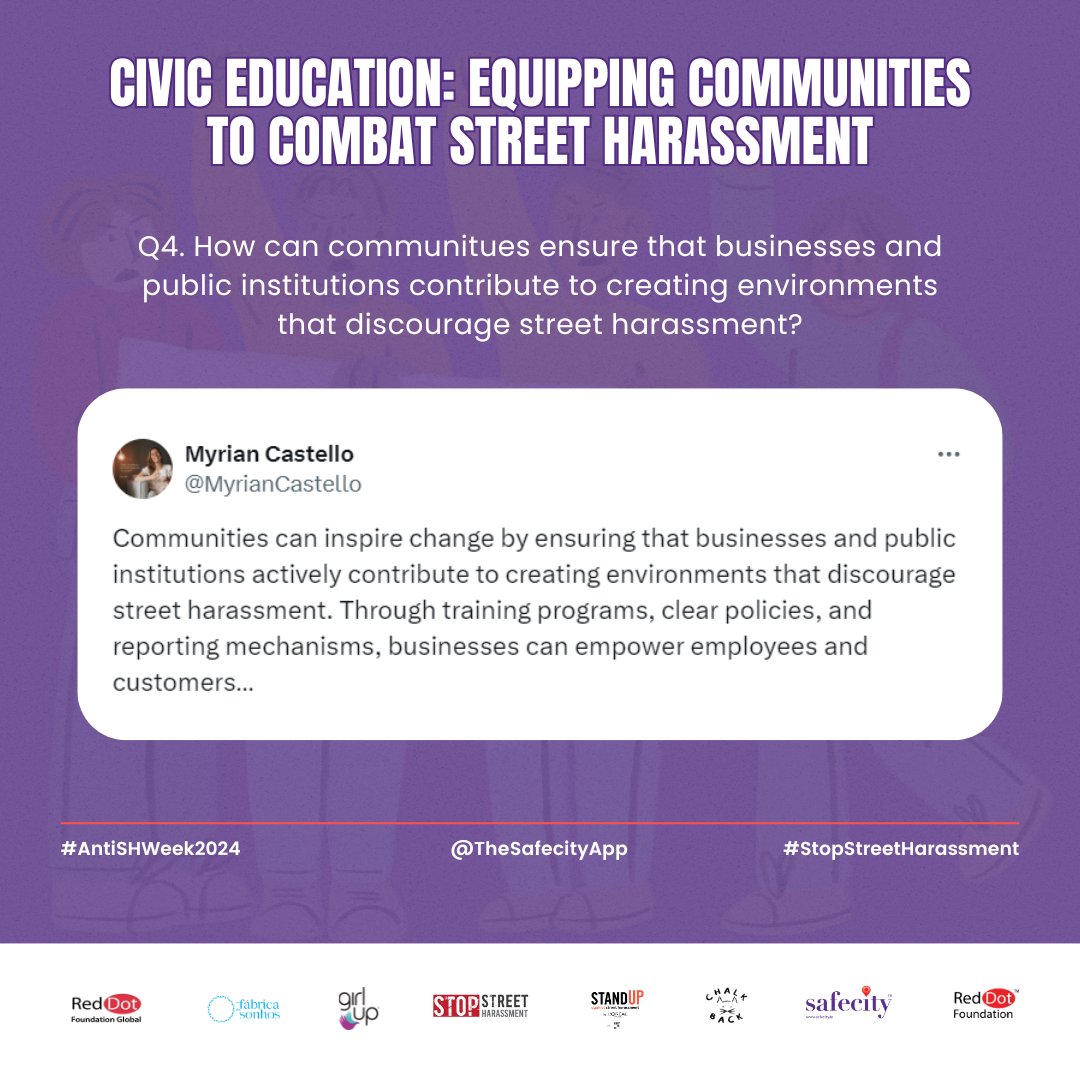 Here’s a recap of our #Safecity Chat with @MyrianCastello & @_anushka_m on ' Civic Education: Equipping Communities to Combat Street Harassment'

Access the full recap here 
bit.ly/SafecityChat_A…

#AntiShWeek2024

#RedDotFoundation

#AntiSHWeek24 #StopStreetHarassment