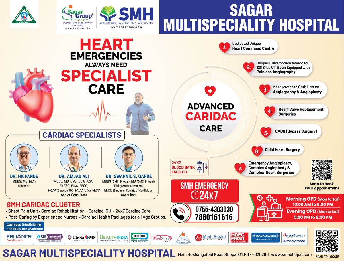 HEART EMERGENCIES ALWAYS NEED SPECIALIST CARE

Meet one of the best experts at SMH

#india #patient #doctor #medical #healthcare #SagarMultispecialityHospital #SMH #SMHBhopal #WeCare #WeCure #multispecialityhospital #cardiac #cardiology #heartdoctor #cardiologyhospital