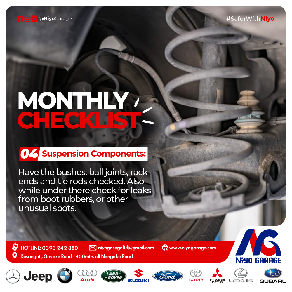 #MonthlyChecklist: #NO.4 Suspension Components: Have the bushes, ball joints, rack ends and tie rods checked... while there, also check the boot rubbers, & other suspension components.😊 #niyogarage #EFRIS #Ritah #BankofUganda #NkumbaUniversity #Phaneroo #FreakyFriday #NTVNation