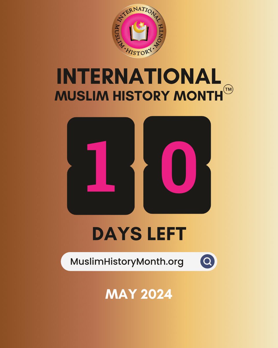 Only 10 days left until International #MuslimHistoryMonth! Get ready to celebrate the rich cultural heritage and contributions of Muslims throughout history. 👉Theme for 2024: #MuslimLegacies 👉Information: muslimhistorymonth.org/about/ 👉Graphic package: muslimhistorymonth.org/graphic-package