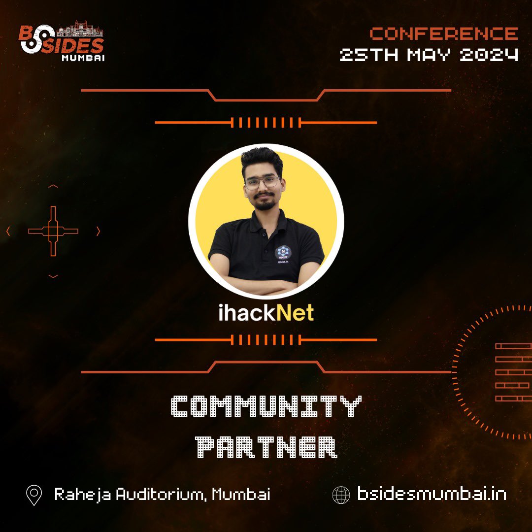 BSidesMumbai's tweet image. Excited to announce ihacknet as our Community partner for BSides Mumbai 2024.🔥go grab your tickets now with 5% discount🙌🏻
#bsidesmumbai #learnhacking #cybercommunity #cybersecurity #hacker