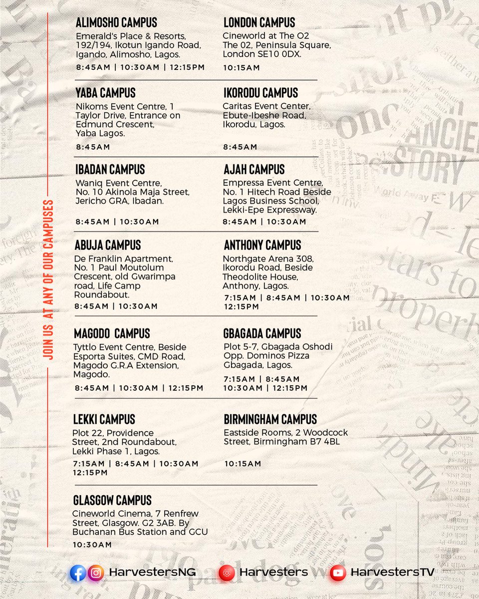 Service tomorrow promises to be life-changing. 

You don't want to miss out, make sure you attend ay of our campuses closest to you.