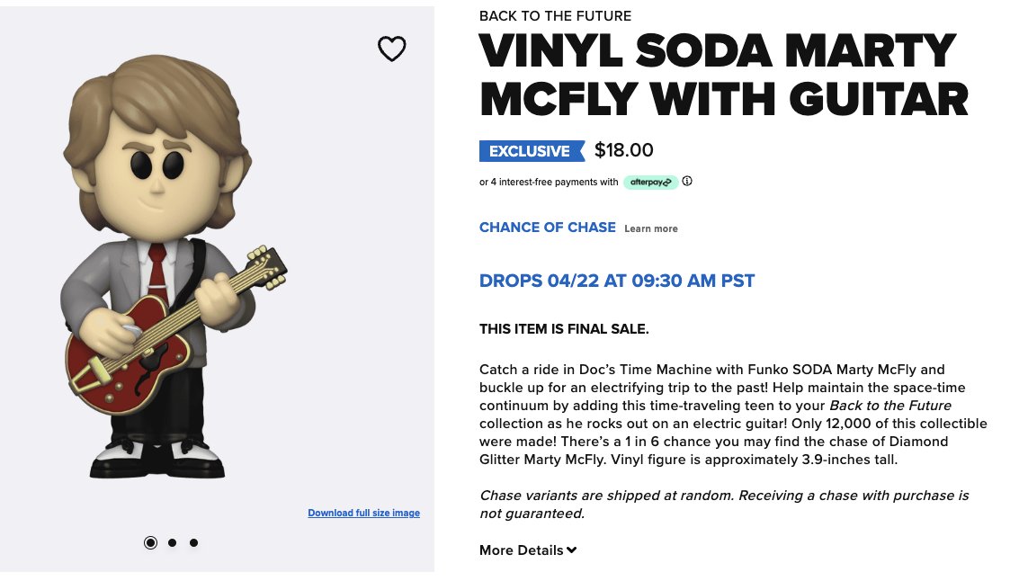 Funko Exclusive Vinyl SODA Marty McFly with Guitar is releasing online Monday, April 22nd at 9:30 AM PT / 12:30 PM ET!

Link: finderz.info/4d6OnRB

#Ad #BackToTheFuture #Funko #FunkoSODA #FunkoPop #FunkoPops #FunkoPopVinyl #Pop #PopVinyl #FunkoCollector #Collectible