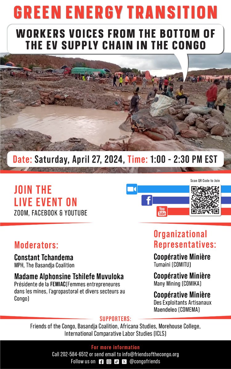 Join us to hear from and engage with voices from the cobalt mines in the D.R. Congo on Saturday, April 27th at 1 PM EST. The diggers (les creuseurs) are often filmed, written about and reported on but rarely heard from directly. Register here: us06web.zoom.us/webinar/regist… #Cobalt