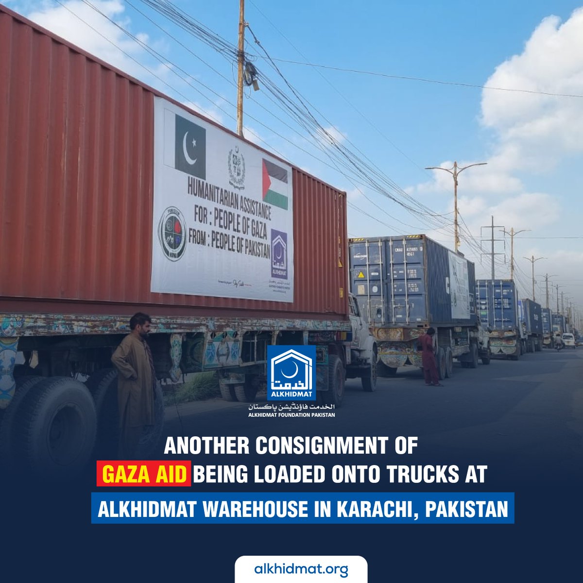 📍Another consignment of #Gaza aid being loaded onto trucks at Alkhidmat Warehouse in Karachi, Pakistan. Over 2.2 million Palestinian brothers and sisters are on the verge of famine as the humanitarian crisis in Gaza has surpassed 193 days. Alkhidmat has been delivering relief