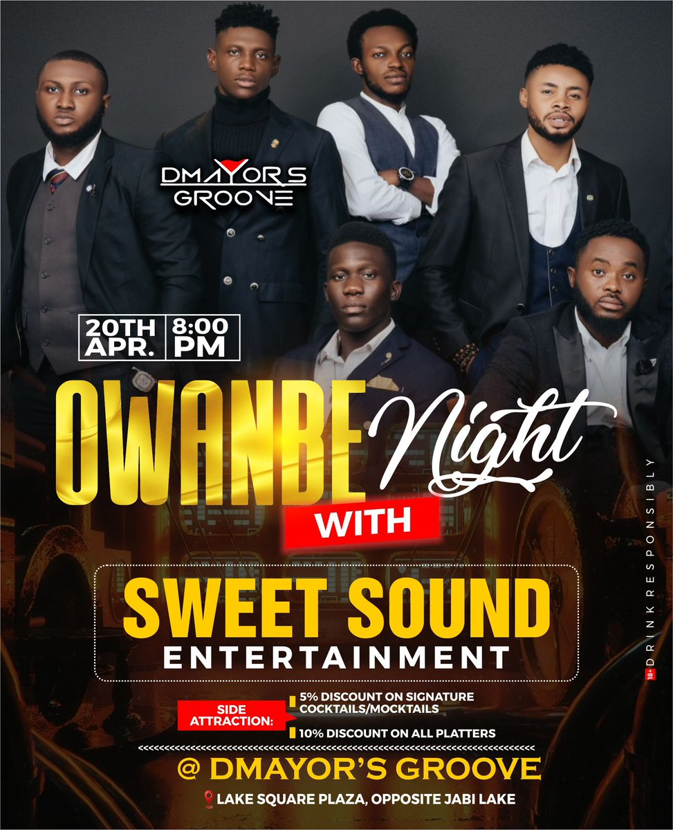 We’re going to have a lovely night @Dmayorgroove ..Do well to join us for an unforgettable memory.

#Dmayorgroove #AbujaTwitterCommunity #liveband #partytime #restaurants #lounge