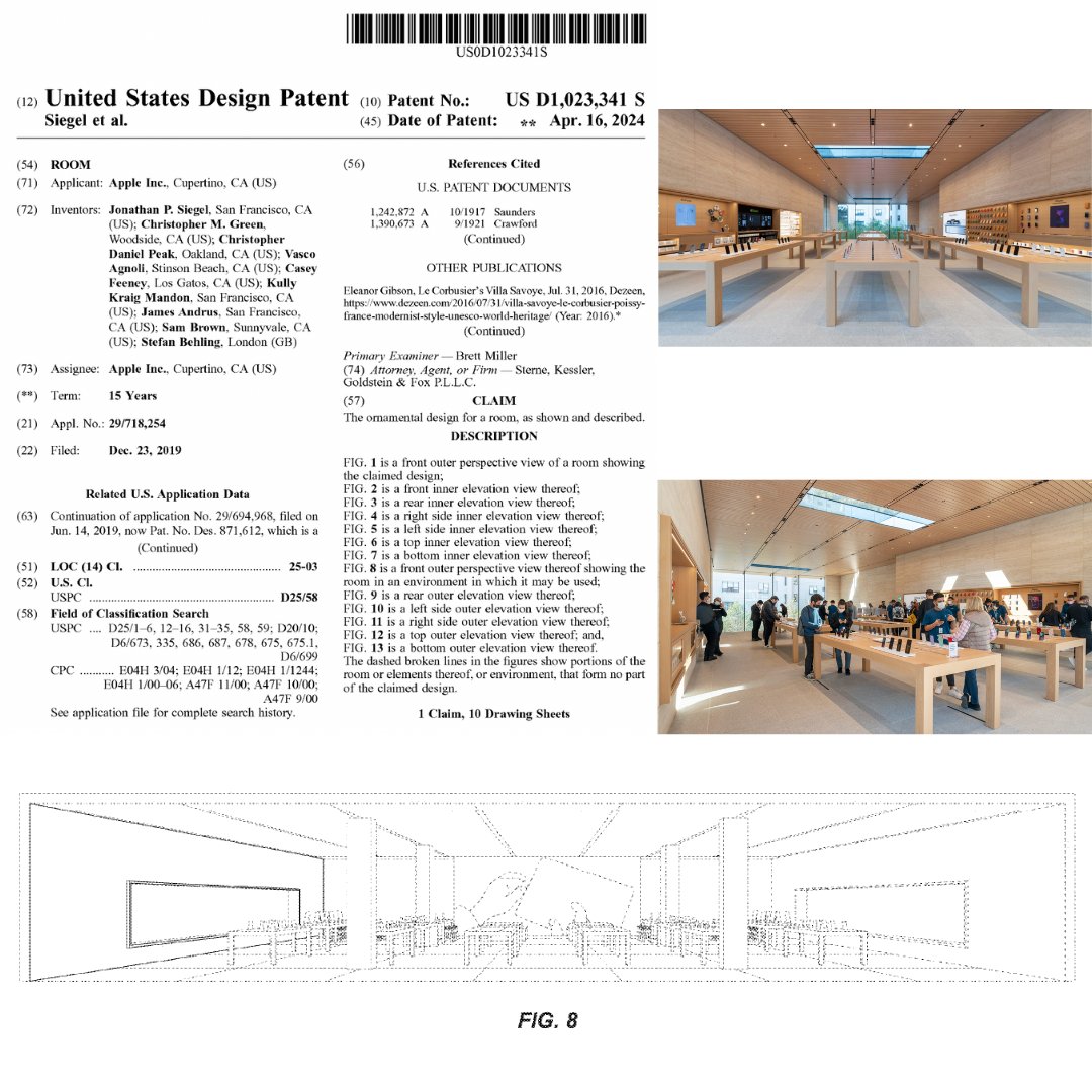 Apple is known for their meticulous attention to detail, and it's no surprise that nearly every aspect of their retail stores is patented. 

This week, Apple received a patent for the layout of their stores, referred to as the 'Room' design. 

Check out US D1,023,341 for a