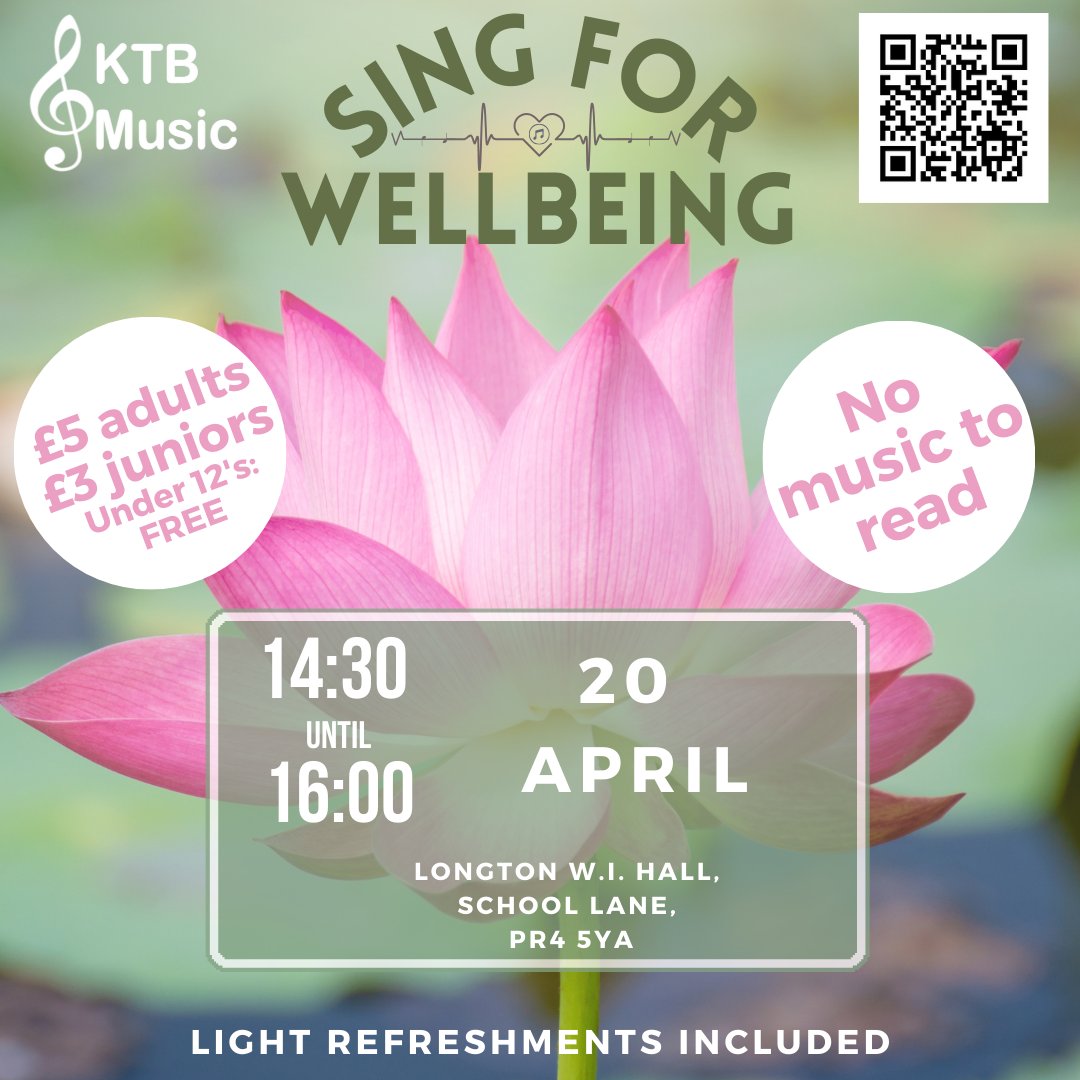It's our wellbeing sing afternoon! Be kind to yourself, come and have a sing, a laugh and a brew. 2.30pm at Longton Lancs W.I. Hall, School Lane, Longton.