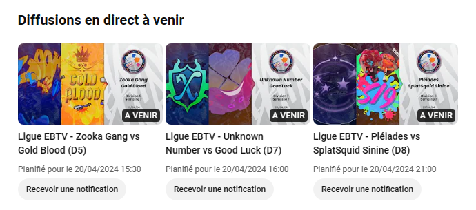 eSportBrosTV's tweet photo. 📢 Les matchs de #LigueEBTV à suivre aujourd'hui !

15h30 : Zooka Gang vs Gold Blood (D5)
16h : Unknown Number vs GoodLuck (D7)
21h : Pléiades vs SplatSquid Sinine (D8)

📺 Par ici ⬇️
https://t.co/GbSVc0RXcJ