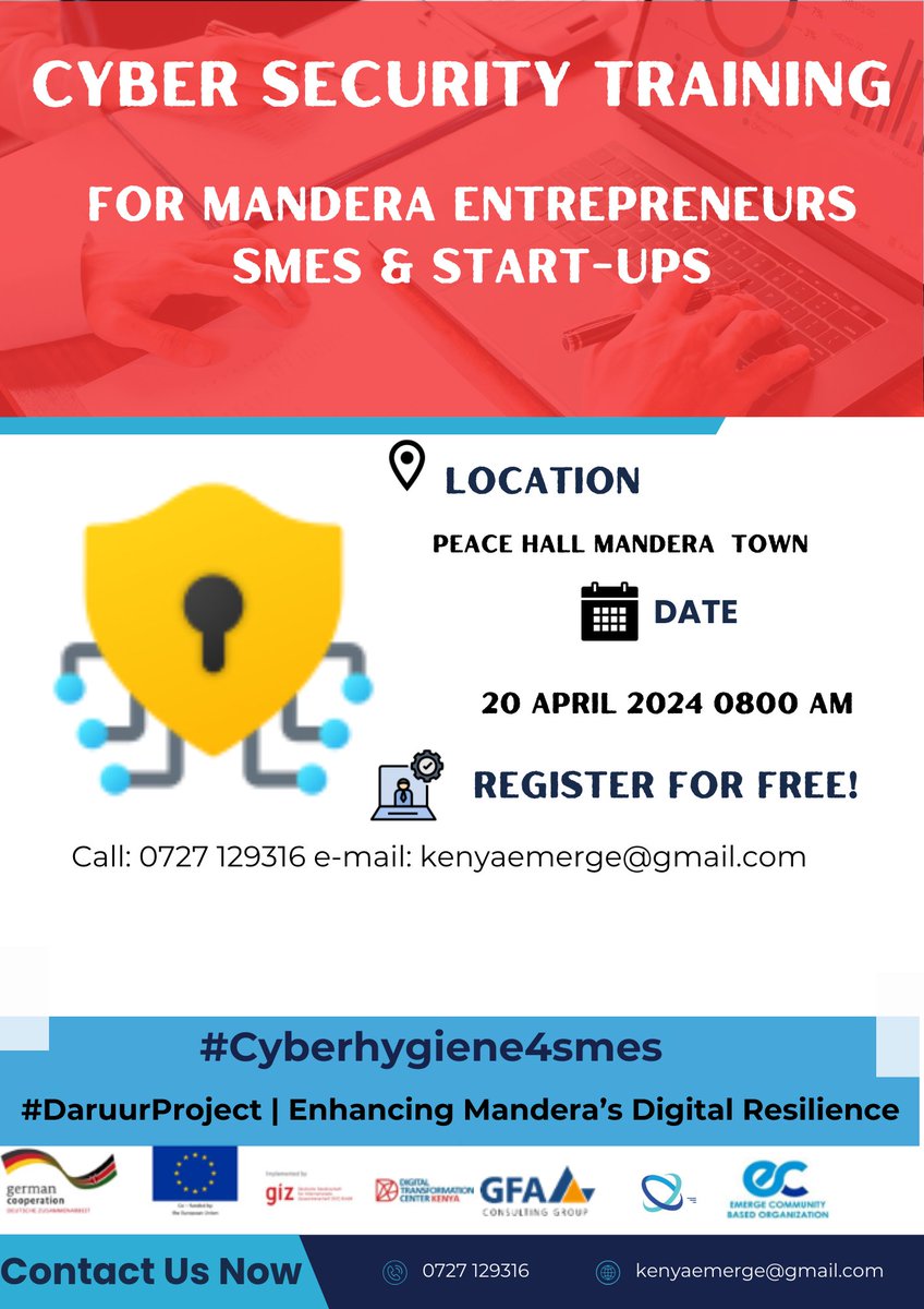 EmergeCBOKe's tweet photo. Free Cyber Security Training for Mandera SME, Start-ups and Entrepreneurs in Mandera town. #Cyberhygiene4smes @GIZ Kenya, @GFA Consulting Group GmbH @ASSEK and @Association of Countrywide Innovation Hubs https://t.co/9fXJFCFslq