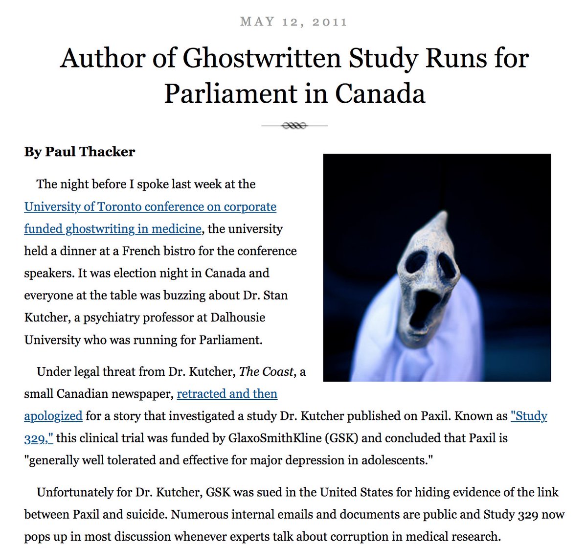 DrNancyOlivieri's tweet photo. Nailed it again @thackerpd
"Unfortunately for Dr. Kutcher, @GSK was sued for hiding evidence of links between #Paxil & #suicide. #Study329 now pops up in most discussions about corruption in medical research."
This matters: https://t.co/B65C8mSU2v
#PatientSafety @Deedoherty2 https://t.co/ZhxEzo3qQX
