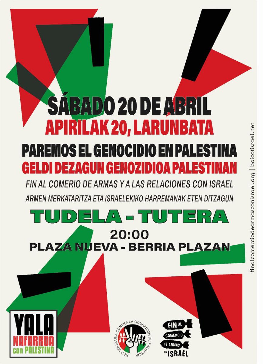 🇵🇸 Este sábado a las 20h en Tudela.

🇵🇸 El domingo a las 12h desde los Golem en Pamplona.

La situación es límite en Gaza.

Tomemos las calles para exigir a nuestros gobiernos que cumplan con el derecho internacional y acaben con este genocidio.

#StopTheGenocideInGaza