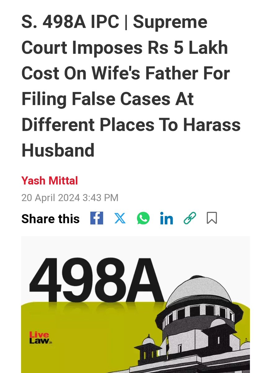 Deputy Superintendent of Police Wife files two #498A cases against CA Husband in two different states - Haryana & Rajasthan He wins case in Haryana but Rajasthan HC refuses to quash 2nd case Supreme Court not only quashes case but also slaps fine of 5 Lacs on father of wife