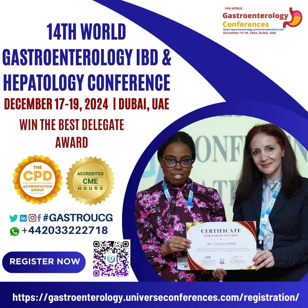 Win the Best Delegate Award!!! The CME/CPD accredited 14GASTROUCG from Dec17-19, 2024, Dubai, UAE & Virtual. wa.me/442033222718?t… …troenterology.universeconferences.com/registration/ #InflammatoryBowelDisease #ImmunologicalDisorders #IrritableBowelSyndrome #LiverTreatment #PancreasHealth #GIExperts