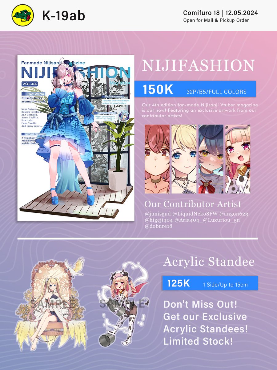 ✨RT really appreciated ✨ Hello we're opening a batch of #comifuro18 preorder! 📍 K-19 (DAY 2) 📕 Nijifashion vol.4 & Acyrilic Standee 🗓️20 April - 4 May 2024 📬 Pick up order & Mail order (Local & International) 🔗bit.ly/Nijifashion_vo… #comifuro18catalogue #にじさんじ