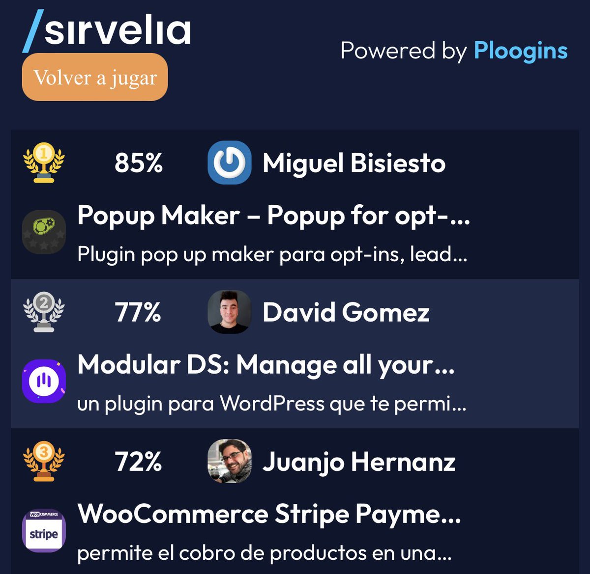 Antes de comer el top 3 está así.

Plugin tabú en #WCBilbao2024

🥇<a href="/MiguelBisiesto/">Miguel Sanz</a> 
🥈<a href="/davidgomezgam/">David Gómez</a> 
🥉<a href="/juanjo_ache/">Juanjo</a> 

#plugins #ploogins