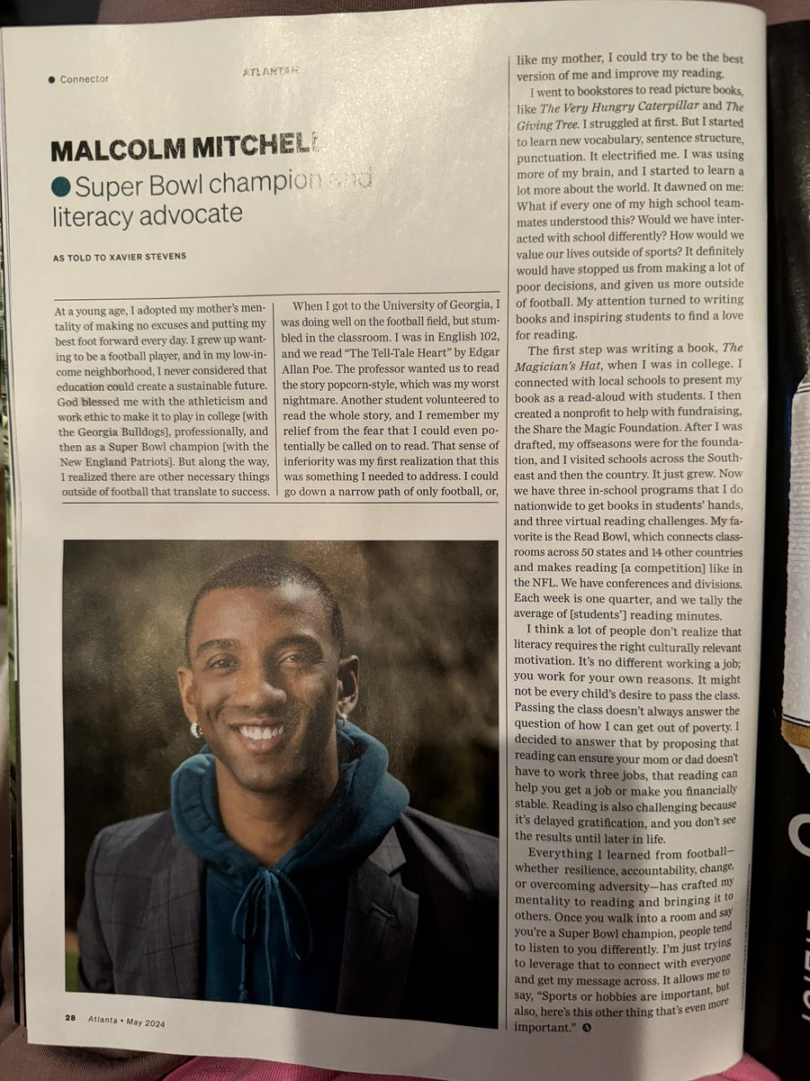 Great article about  #DGD #MalcolmMitchell in @AtlantaMagazine Have always loved his story and inspiring others to @ReadWithMalcolm ♥️🖤 📕 📚