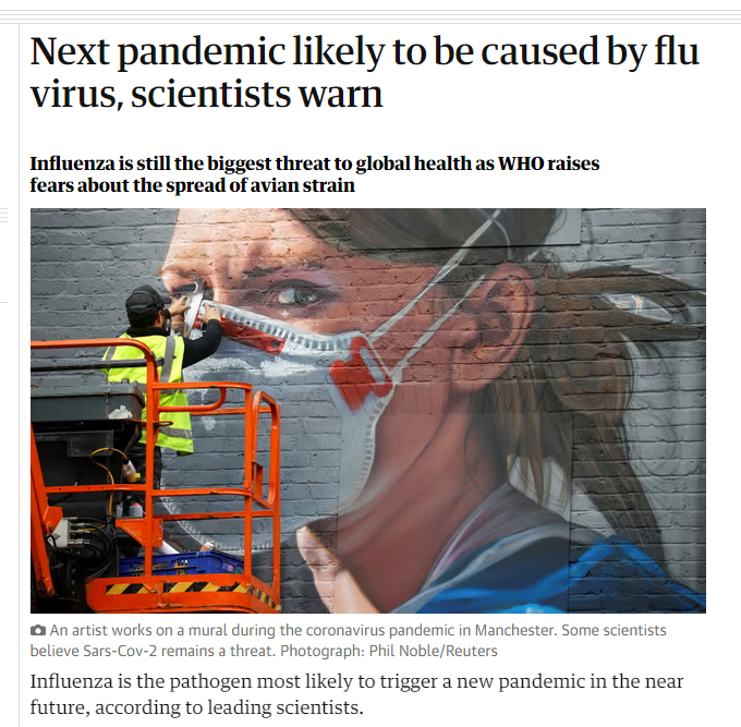 'Next pandemic likely to be caused by flu virus, scientists warn' This is what they were saying in December 2019 too. But how about we clean the air everywhere SO IT DOESN'T HAPPEN AT ALL?!