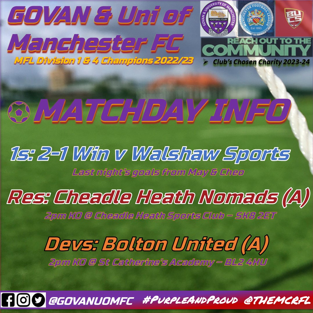 Just the two fixtures on today as the firsts got the business done last night with a good 2-1 win away to Walshaw.

A cup semi-final for the Reserves today & the Devs are back in MFL action.

Support always welcome.

#purpleandproud #ManchesterFootball #fallowfield #withington