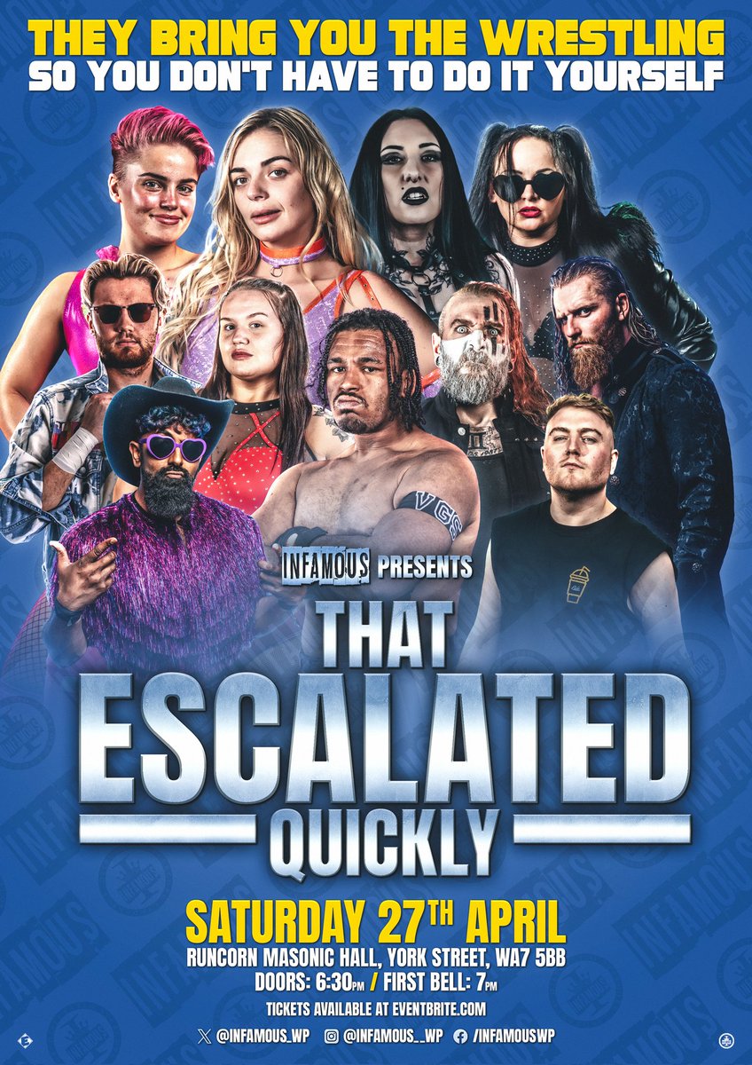 ONE WEEK AWAY! INFAMOUS returns to the Runcorn Masonic Hall on the 27th April with our next extravaganza, INFAMOUS presents THAT ESCALATED QUICKLY! We're set to have all the action you know and love so get your tickets now! bit.ly/Thatescalatedq…