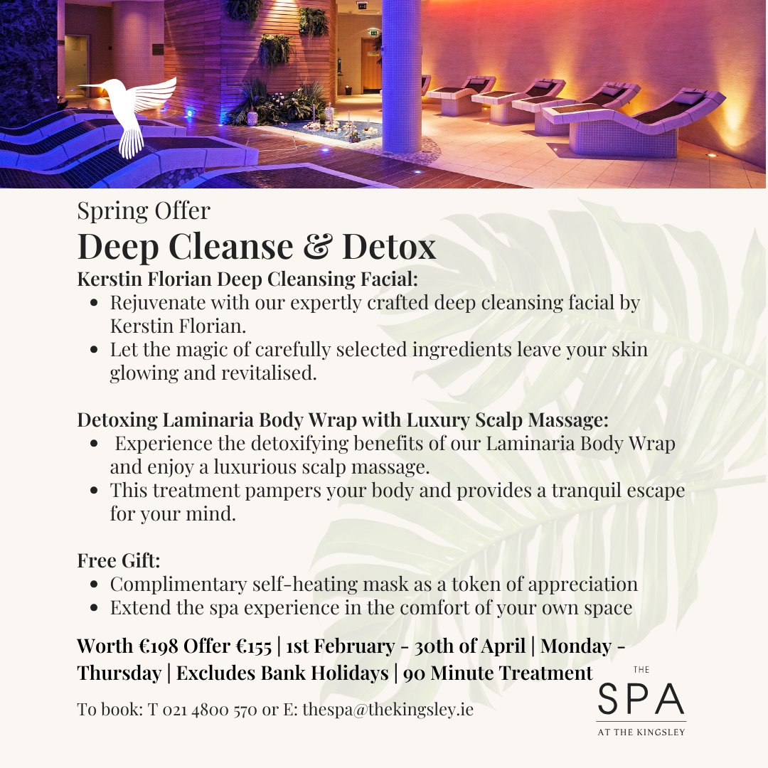 Revitalise your senses this spring with our 'Deep Cleanse and Detox' Spa offer at The Kingsley. 🌿 Elevate your well-being with a refreshing escape. ✨ Learn more: thekingsley.ie/spa-offers/dee… #thekingsley #thespaatthekingsley #spa #spacork #springspaoffer #detox