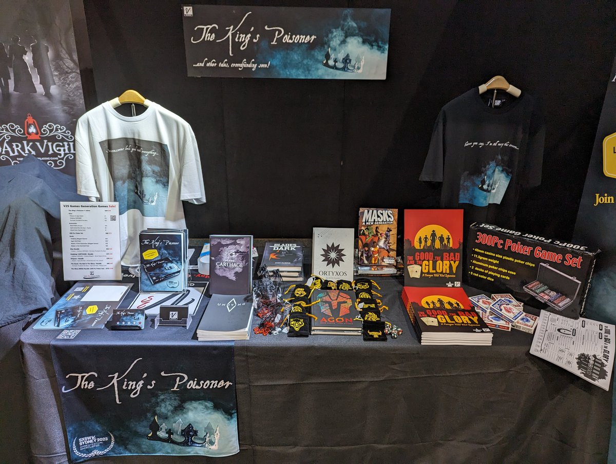 V2Sgames's tweet photo. Great to be here today at #GenerationGames in Sydney. Catch me tomorrow at Booth A24 to hear all about the King's Poisoner, launching on @BackerKit April 30! #V2SGames #TheKingsPoisoner #indiegame #TTRPGs #ttrpgcommunity #selfpromosaturday https://t.co/eimhvqVKii