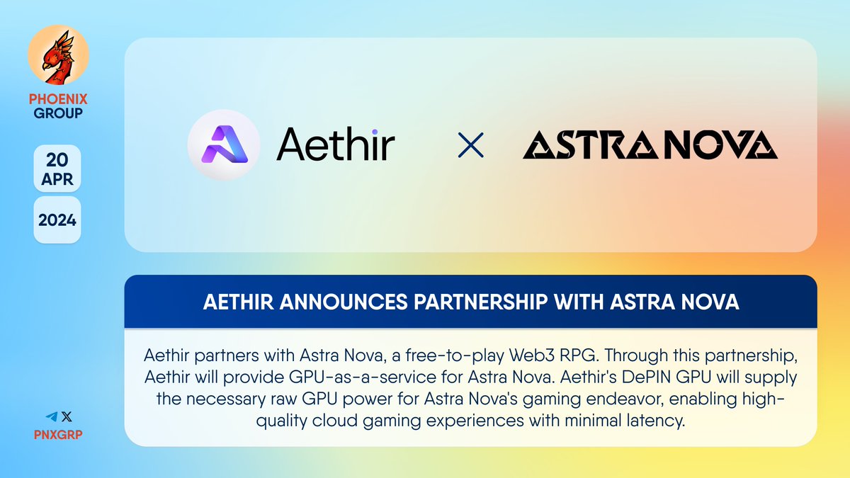 🔥 @AethirCloud announces partnership with @Astra__Nova. #Aethir partners with #AstraNova, a free-to-play #Web3 RPG. Through this partnership, Aethir will provide GPU-as-a-service for Astra Nova. Aethir's DePIN GPU will supply the necessary raw GPU power for Astra Nova's gaming