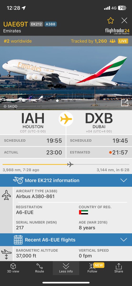 An Emirates Airbus A380 en route to Dubai from Houston USA passes over Varamis rail Class 321 units at Mossend that work the Birmingham international route. The Airbus had been in the air for 7hrs 28mins